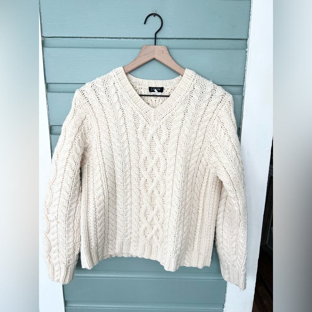Vintage j crew fisherman 100% wool cable knit v neck sweater cream size medium